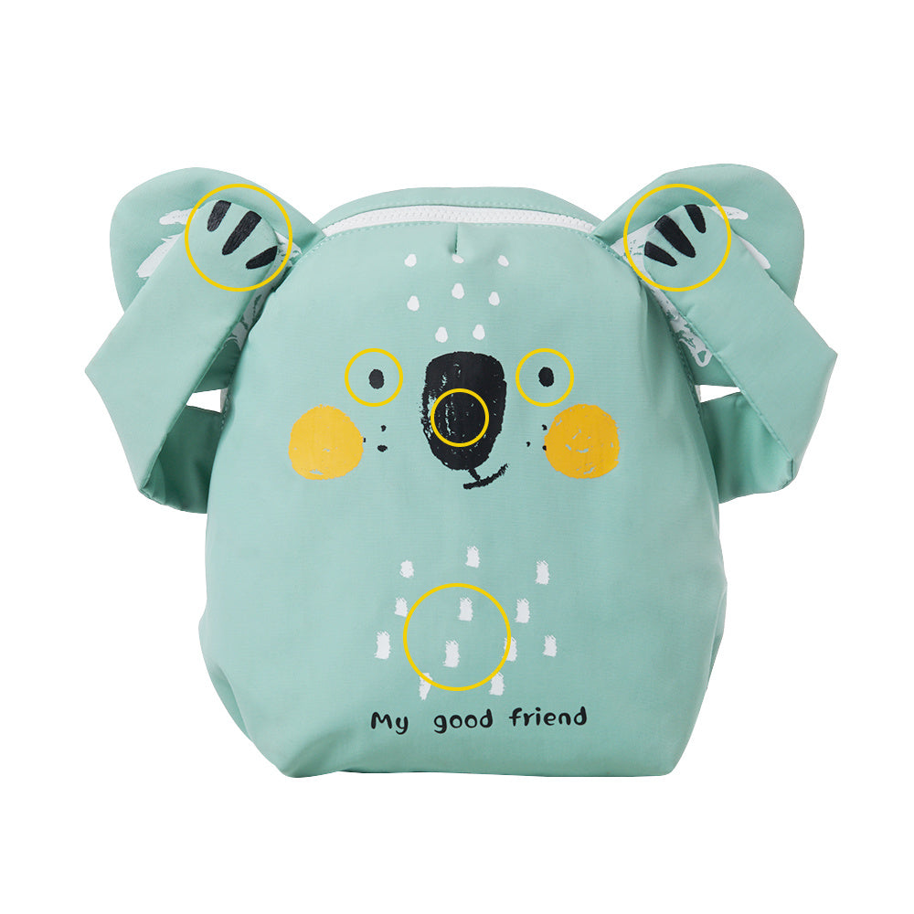 Light teal toddler backpack with large animal face graphic and side bows