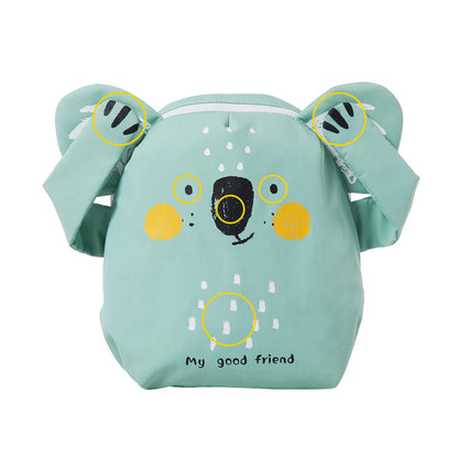 Light teal toddler backpack with large animal face graphic and side bows