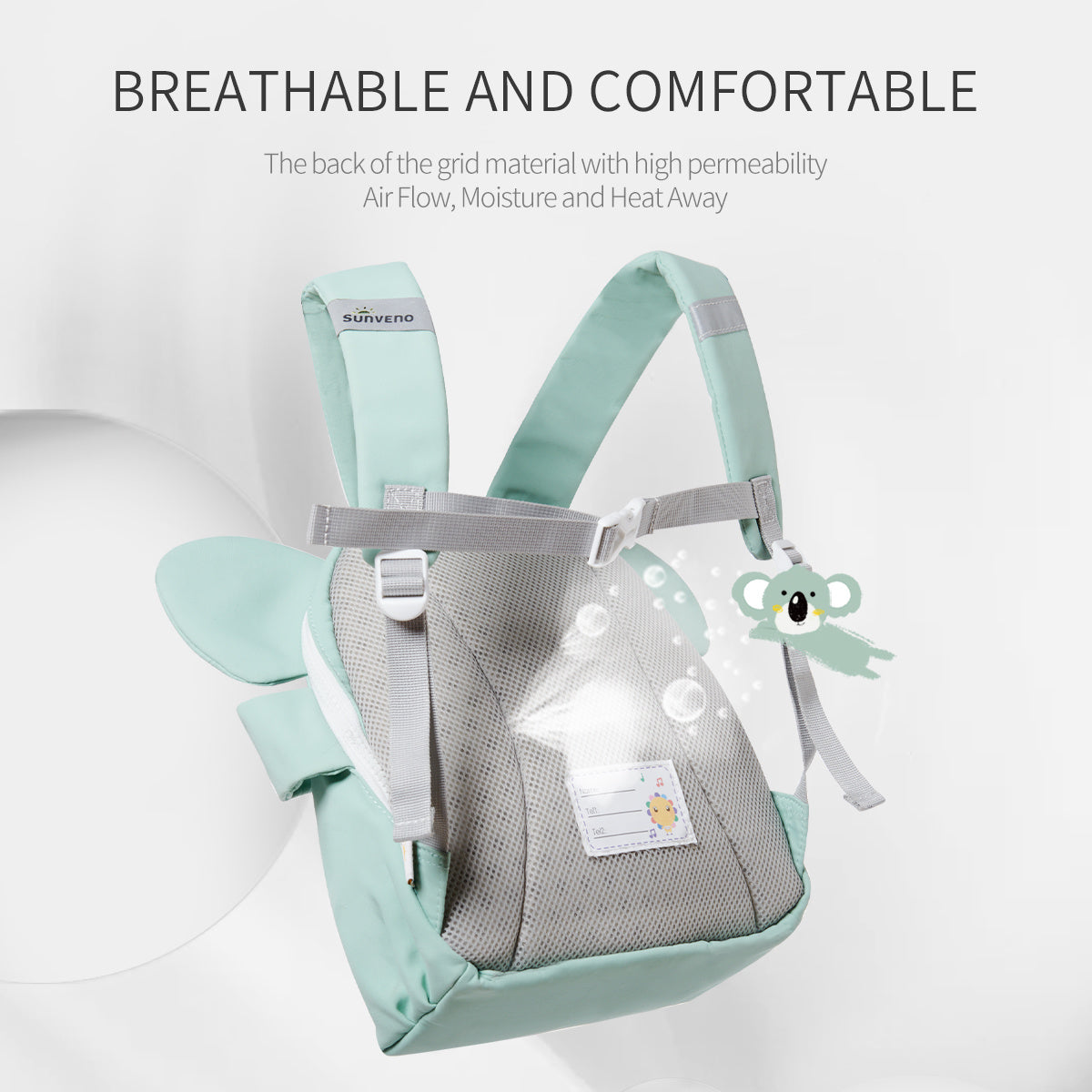Light teal kids backpack with gray mesh back panel and adjustable shoulder straps