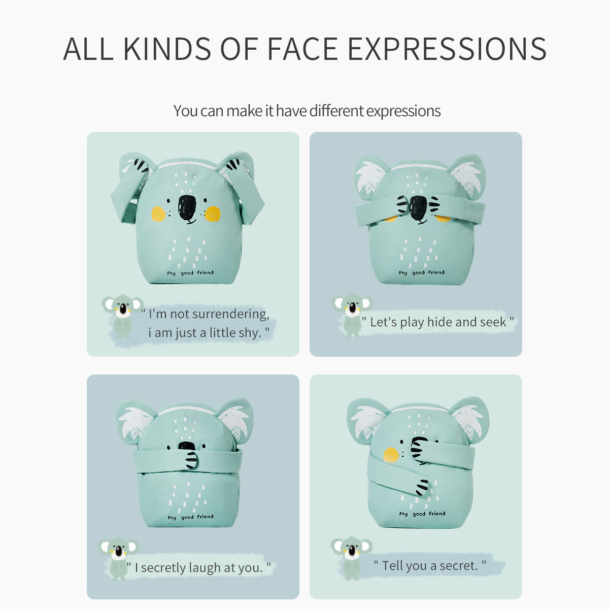 Light teal kids backpack set showing four animal-face expressions