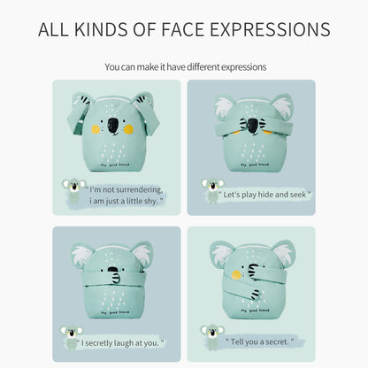 Light teal kids backpack set showing four animal-face expressions