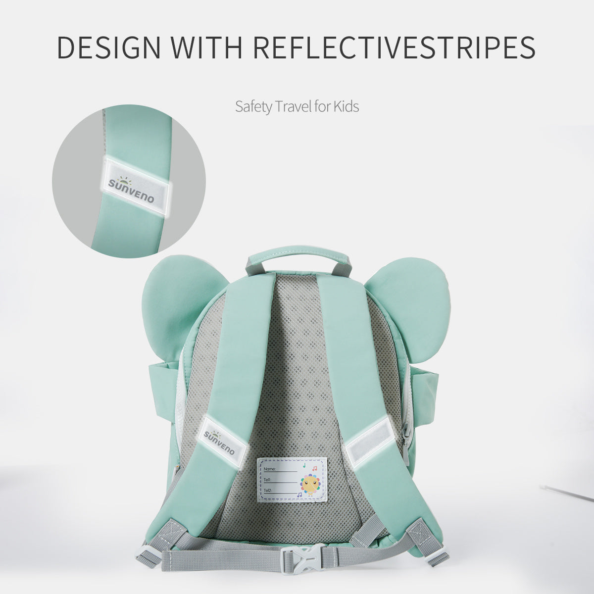 Light teal kids backpack with reflective stripes on shoulder and back straps