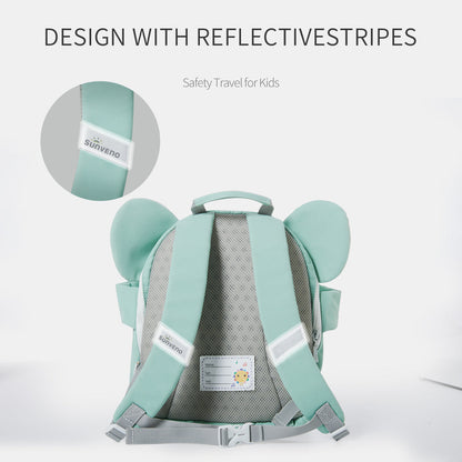 Light teal kids backpack with reflective stripes on shoulder and back straps