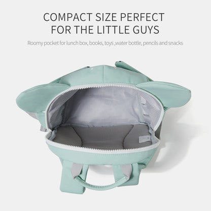 Light teal kids backpack open to reveal padded interior compartment and zipper