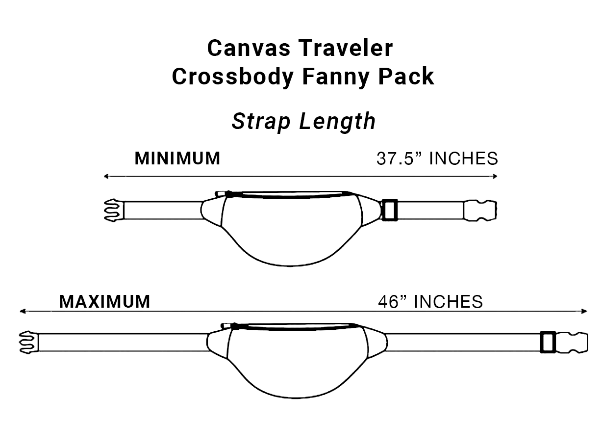 Canvas crossbody fanny pack strap length sizing diagram, minimum 37.5 in to 46 in