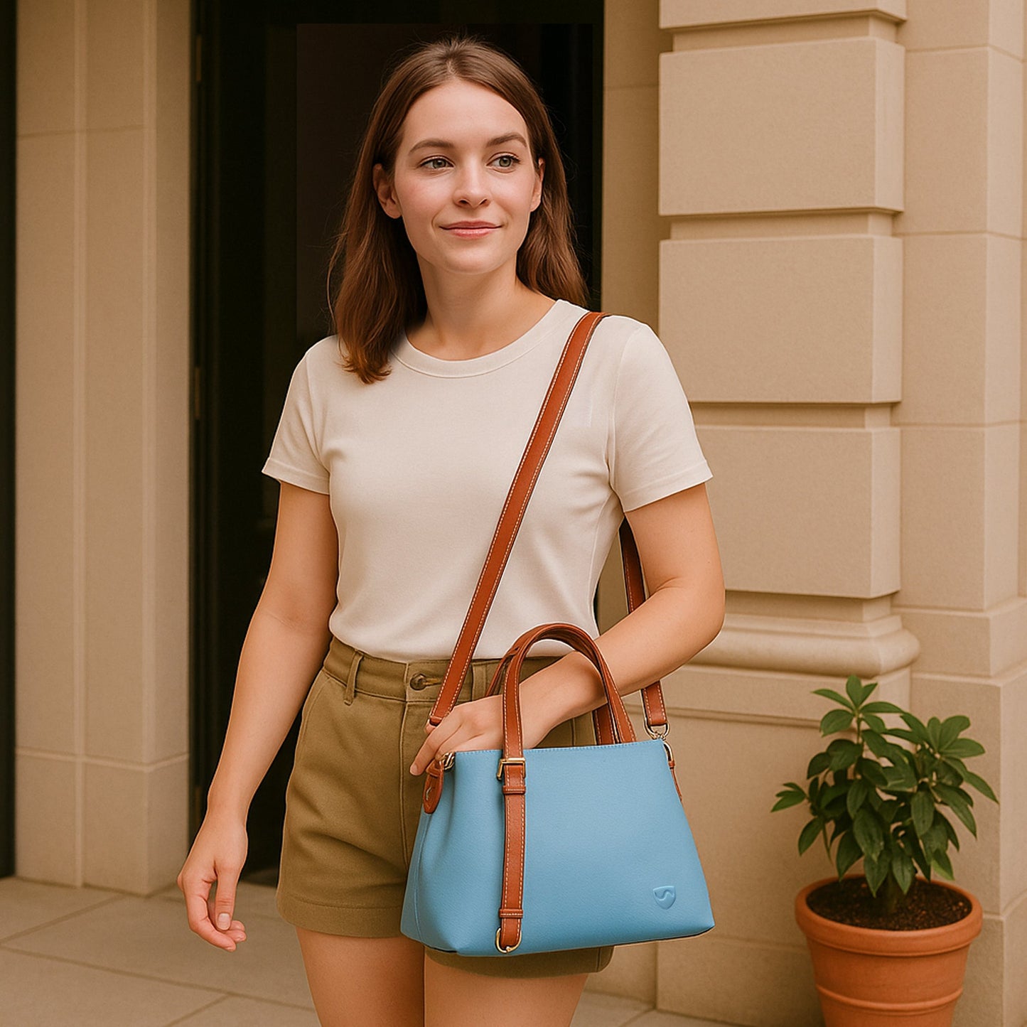 SYB blue tote purse with brown shoulder strap, carried on model