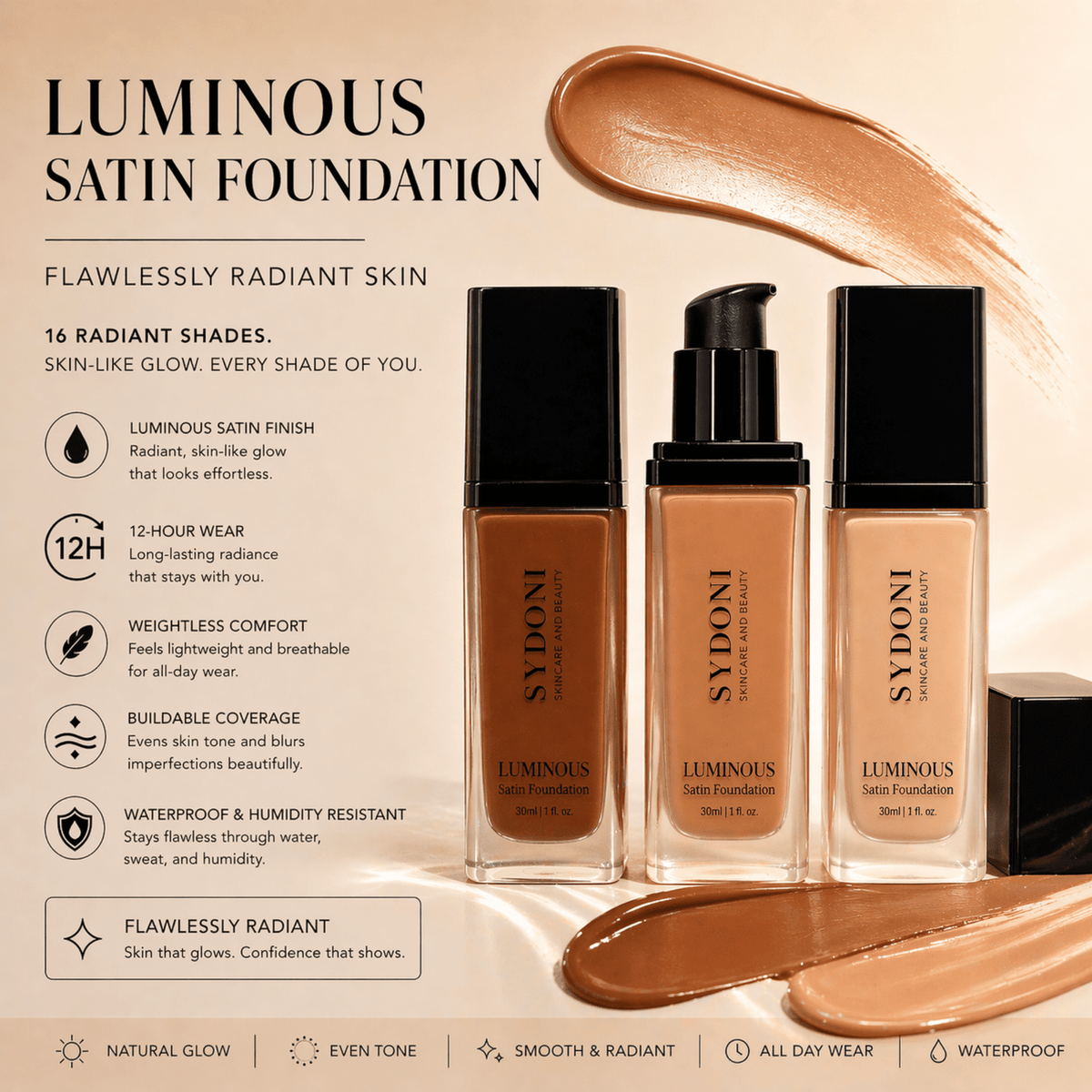 Luminous satin foundation set with multiple shade bottles and swatch, 30ml