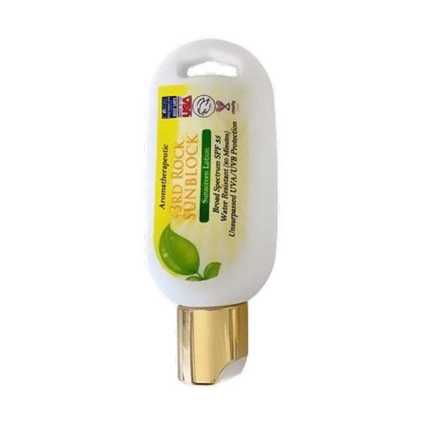 Mini sunscreen lotion tube, white top and gold base, zinc oxide SPF 35