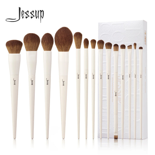 Jessup makeup brush set, 14 synthetic brushes with white handles and brown bristles