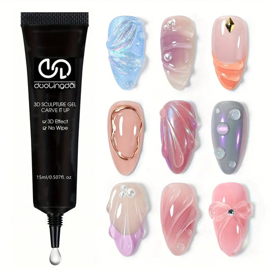 3D nail art sculpting gel tube with multiple pastel 3D nail design swatches