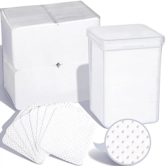 White lint-free square nail wipes with clear storage box and round lid