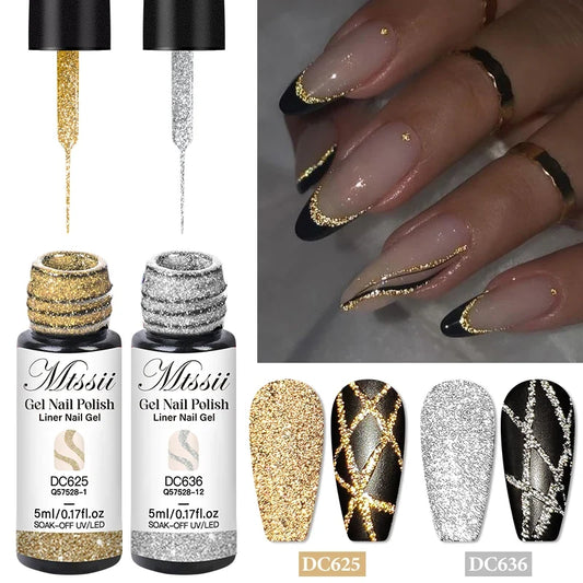 Reflective glitter nail liner gel bottles with gold and silver shades and line swatch tips