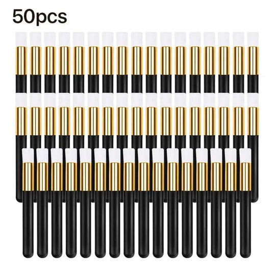 50-piece eyelash cleaning brush set with black handles and gold caps
