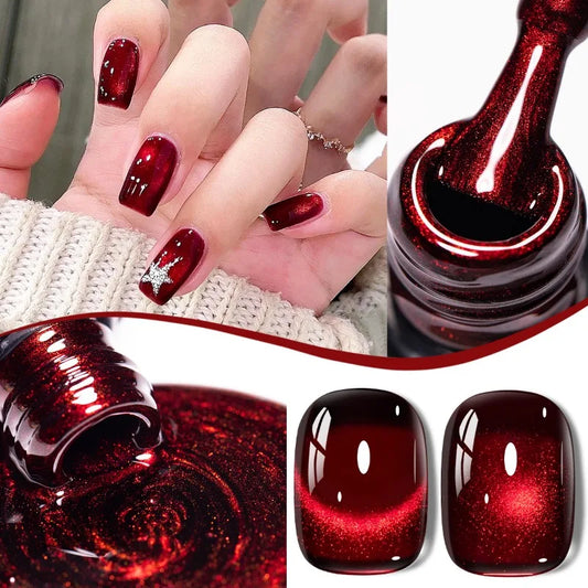 Red wine magnetic gel nail polish, deep burgundy red glitter gel jar and manicured nails