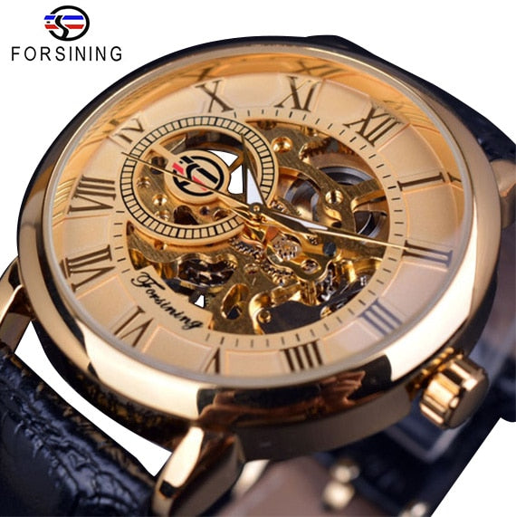 Men mechanical watch, cream dial, gold case with Roman numerals, blue leather strap