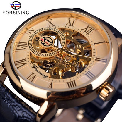 Men mechanical watch, cream dial, gold case with Roman numerals, blue leather strap