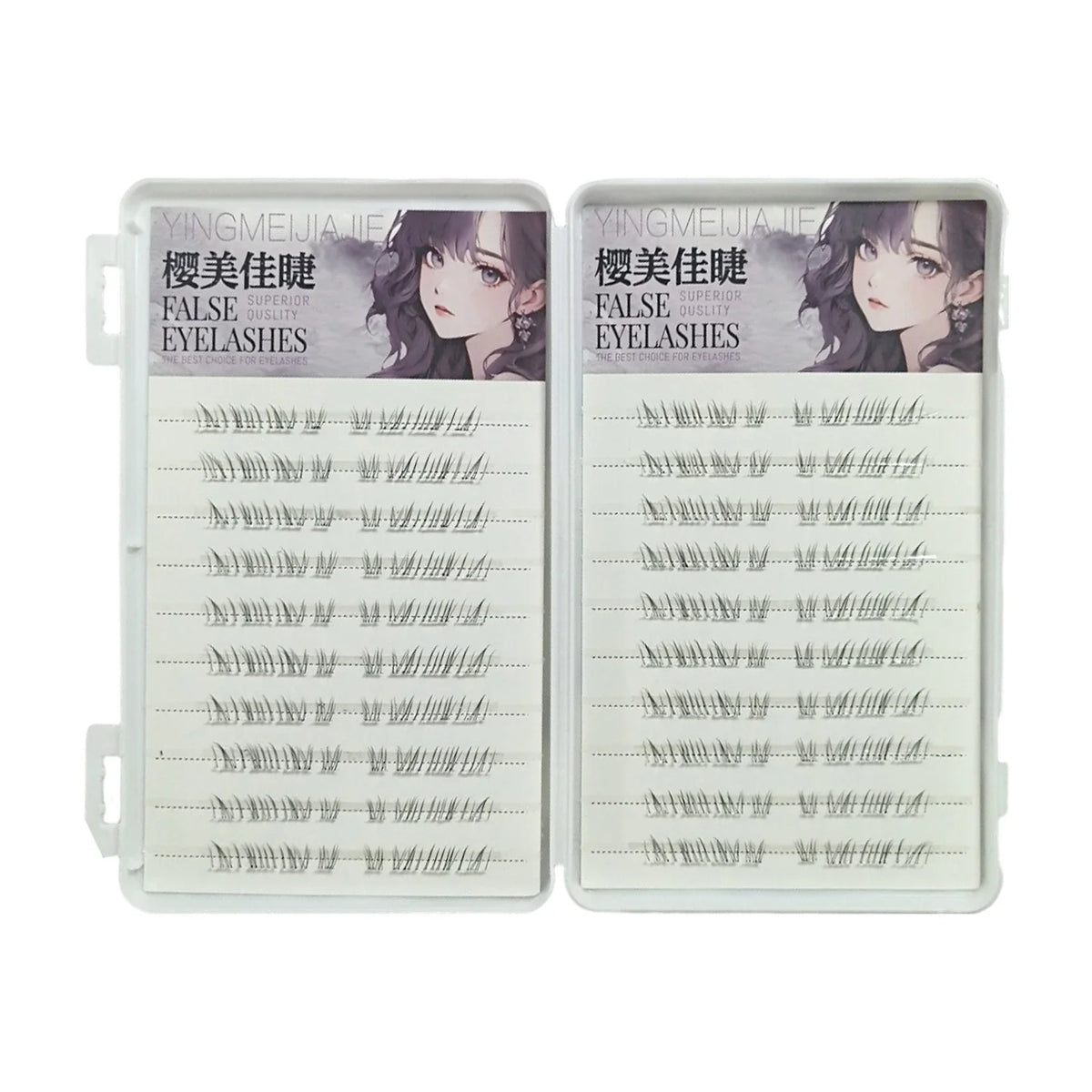 False eyelash tray with two panels of wispy individual lash cluster rows