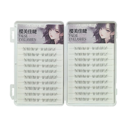 False eyelash tray with two panels of wispy individual lash cluster rows