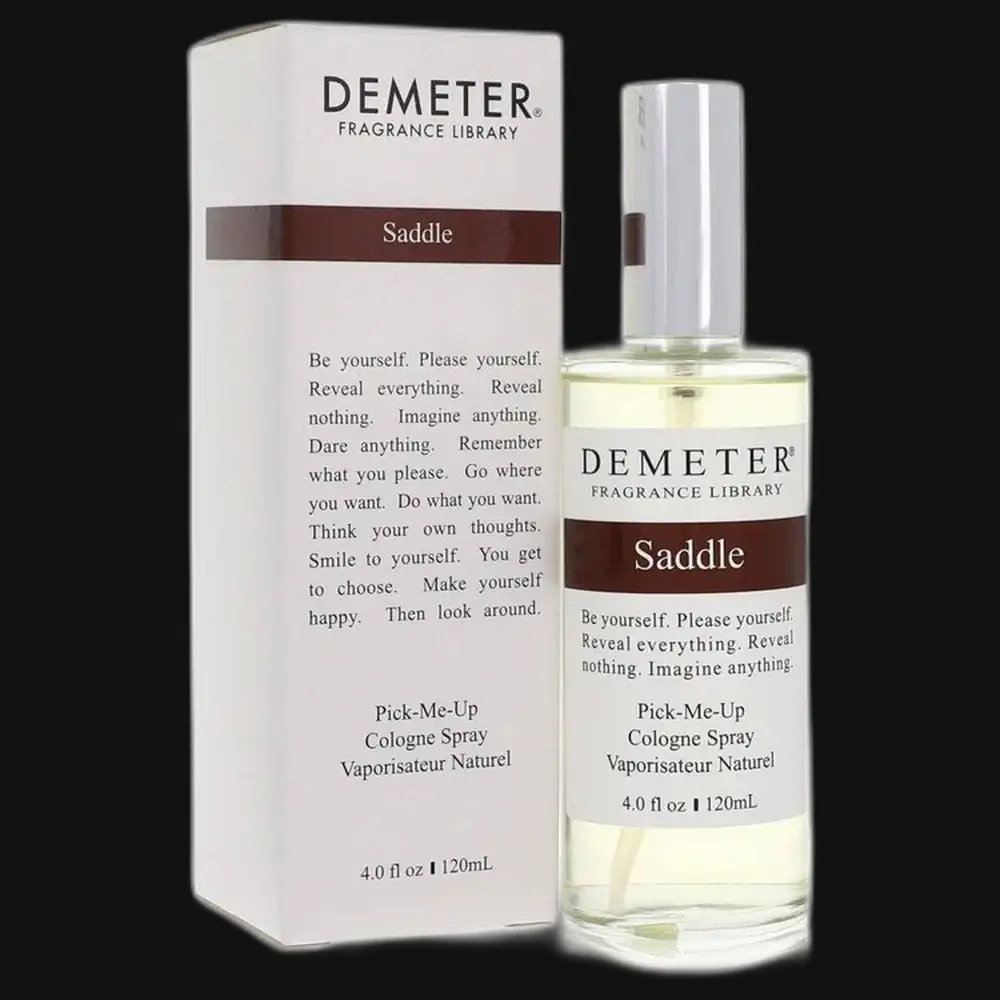 Demeter Saddle perfume bottle with white box, glass vial with silver cap.