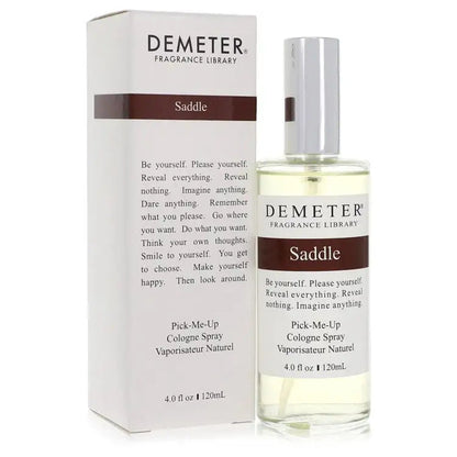 Demeter Saddle perfume bottle and packaging box, clear glass vial with silver cap.
