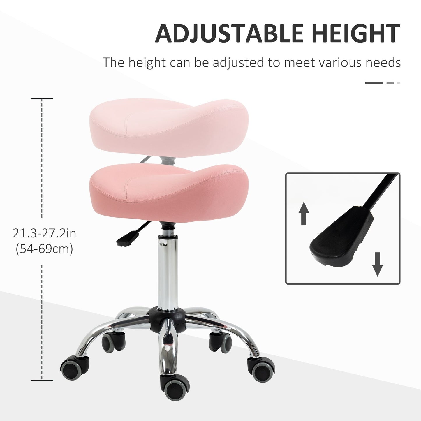Saddle Stool Chic: Height Adjustable Rolling Salon Chair in Pink PU Leather for Massage, Spa, Clinic, Beauty, and Tattoo - Renee Lane Company
