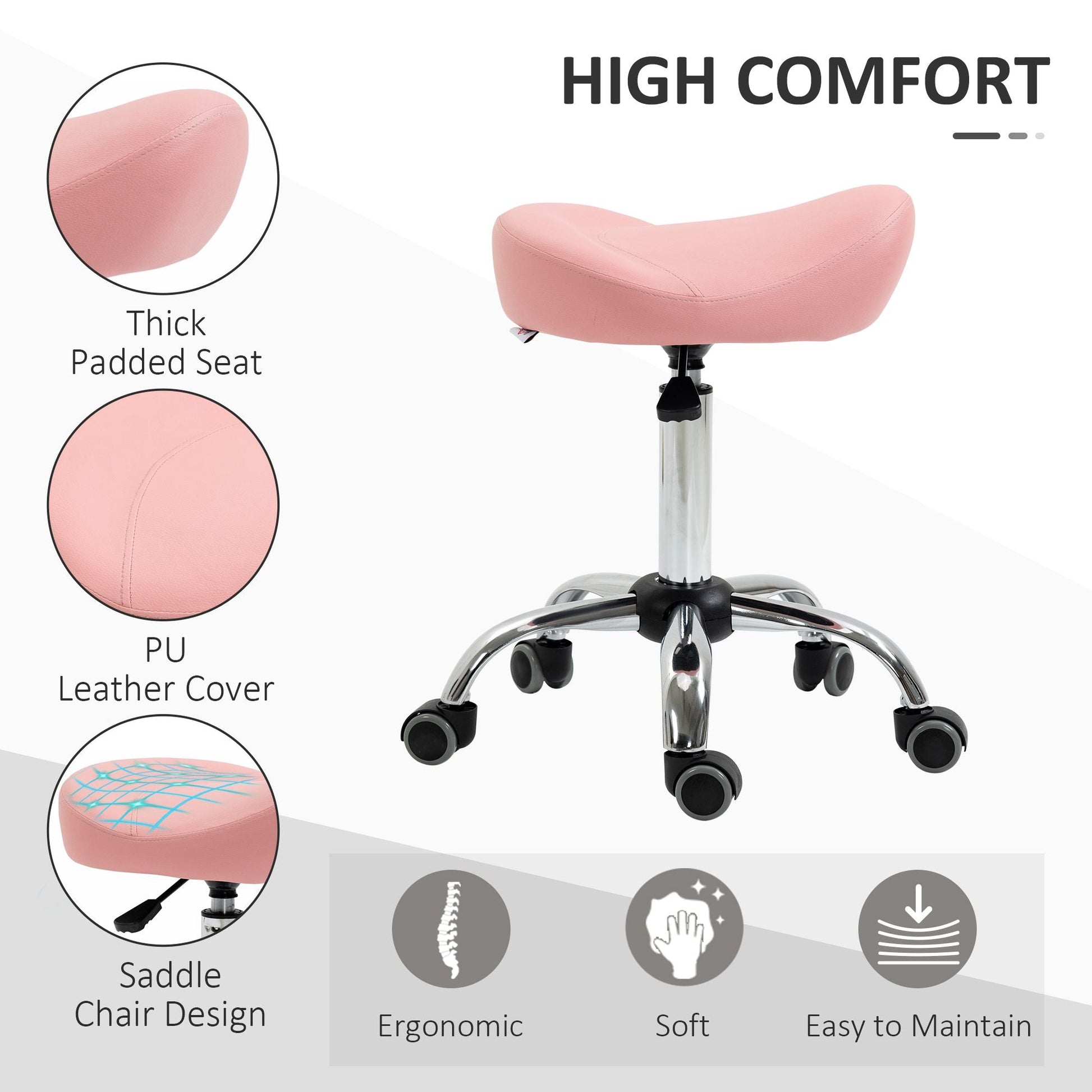 Saddle Stool Chic: Height Adjustable Rolling Salon Chair in Pink PU Leather for Massage, Spa, Clinic, Beauty, and Tattoo - Renee Lane Company