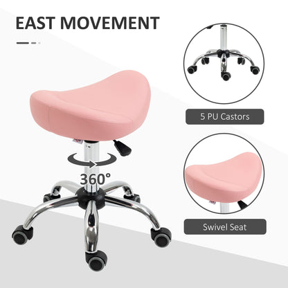 Saddle Stool Chic: Height Adjustable Rolling Salon Chair in Pink PU Leather for Massage, Spa, Clinic, Beauty, and Tattoo - Renee Lane Company