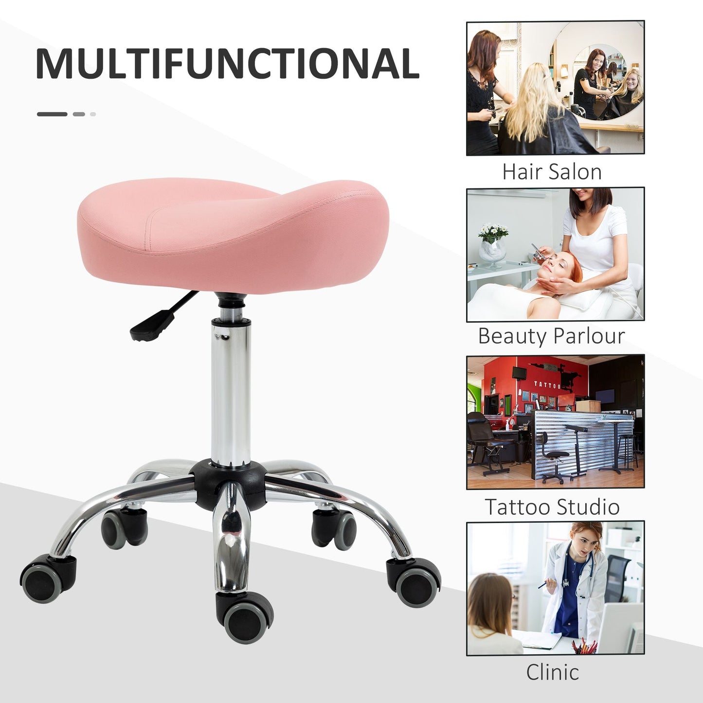 Saddle Stool Chic: Height Adjustable Rolling Salon Chair in Pink PU Leather for Massage, Spa, Clinic, Beauty, and Tattoo - Renee Lane Company