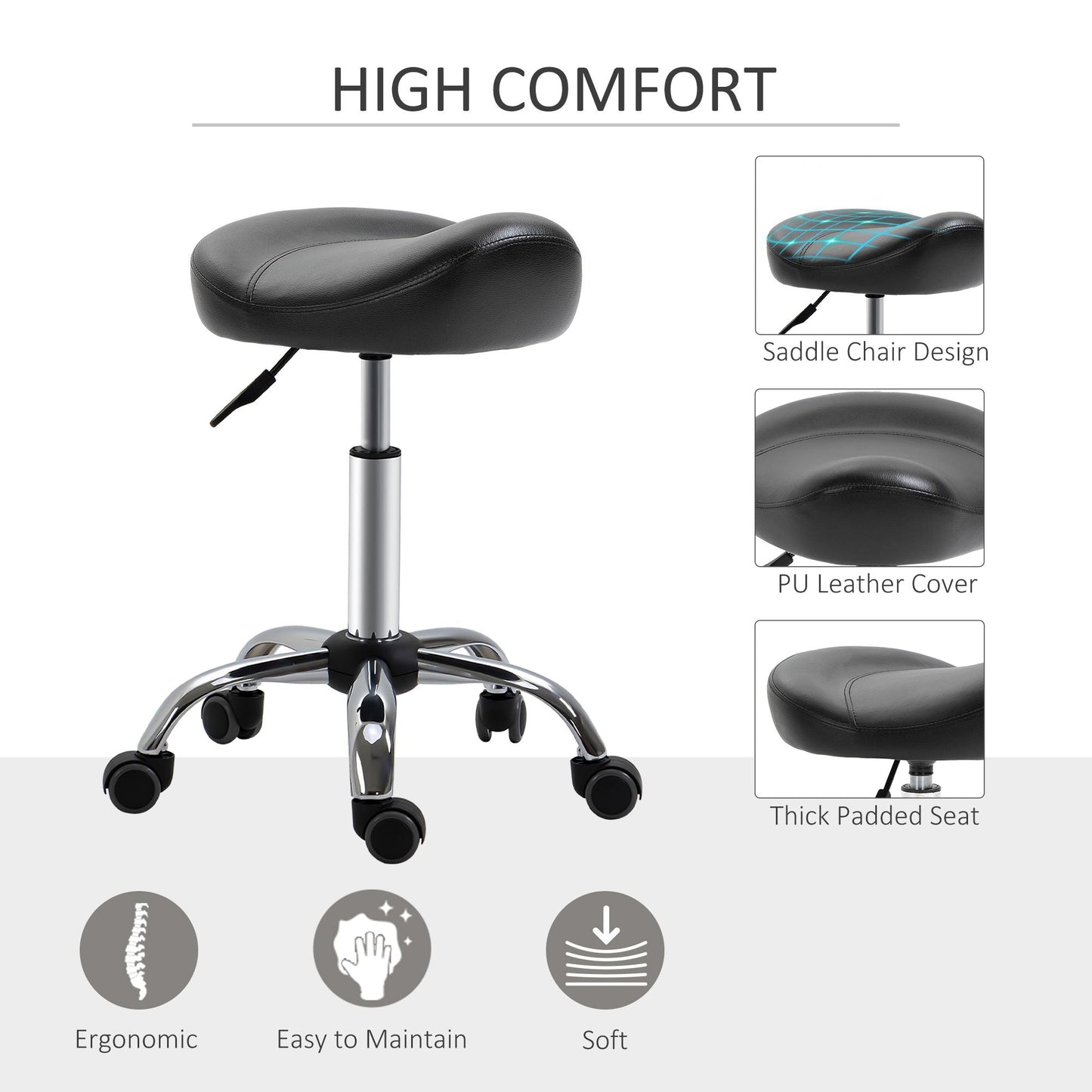 Saddle Stool Height Adjustable Rolling Salon Chair PU Leather Black for Massage Spa Clinic Beauty Tattoo - Renee Lane Company