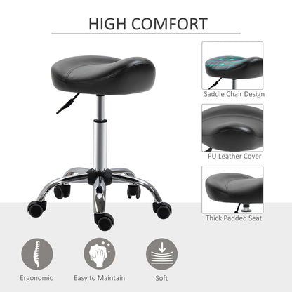 Saddle Stool Height Adjustable Rolling Salon Chair PU Leather Black for Massage Spa Clinic Beauty Tattoo - Renee Lane Company