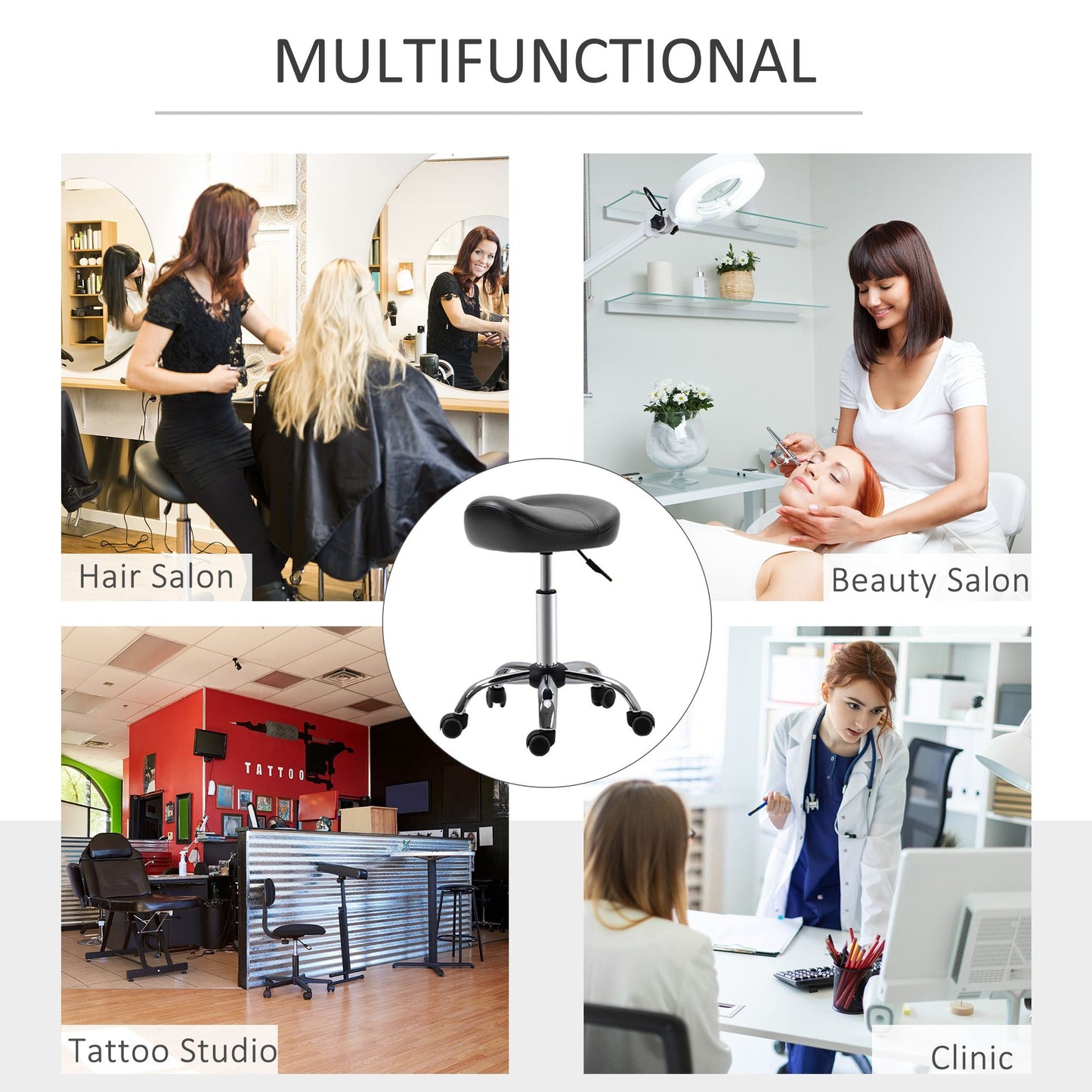 Saddle Stool Height Adjustable Rolling Salon Chair PU Leather Black for Massage Spa Clinic Beauty Tattoo - Renee Lane Company