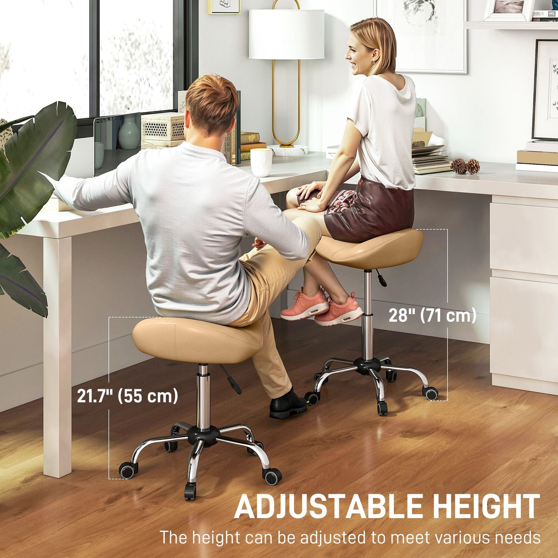 Saddle Stool, Height Adjustable Rolling Salon Chair with PU Leather for Massage, Spa, Clinic, Beauty and Tattoo, Brown - Renee Lane Company