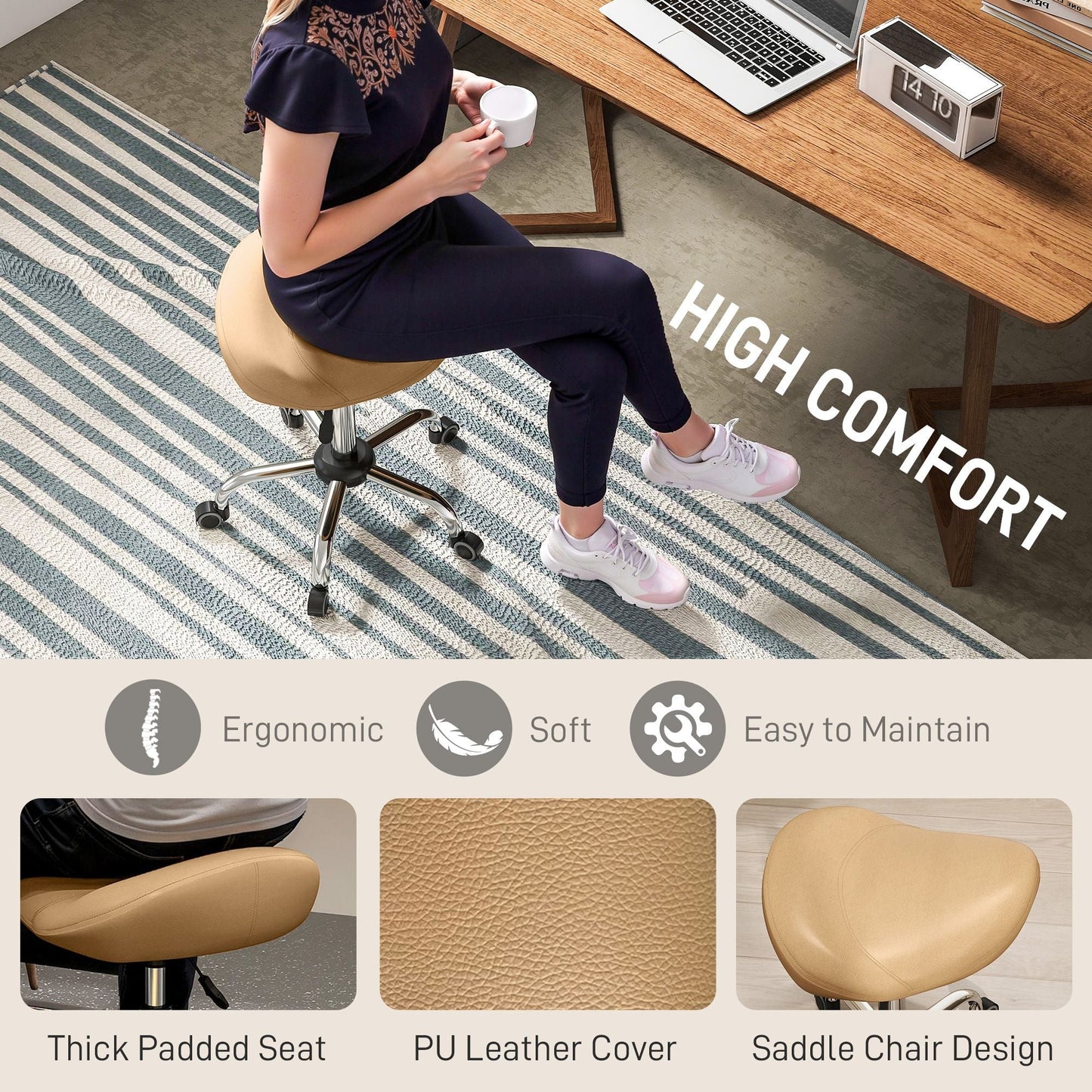 Saddle Stool, Height Adjustable Rolling Salon Chair with PU Leather for Massage, Spa, Clinic, Beauty and Tattoo, Brown - Renee Lane Company