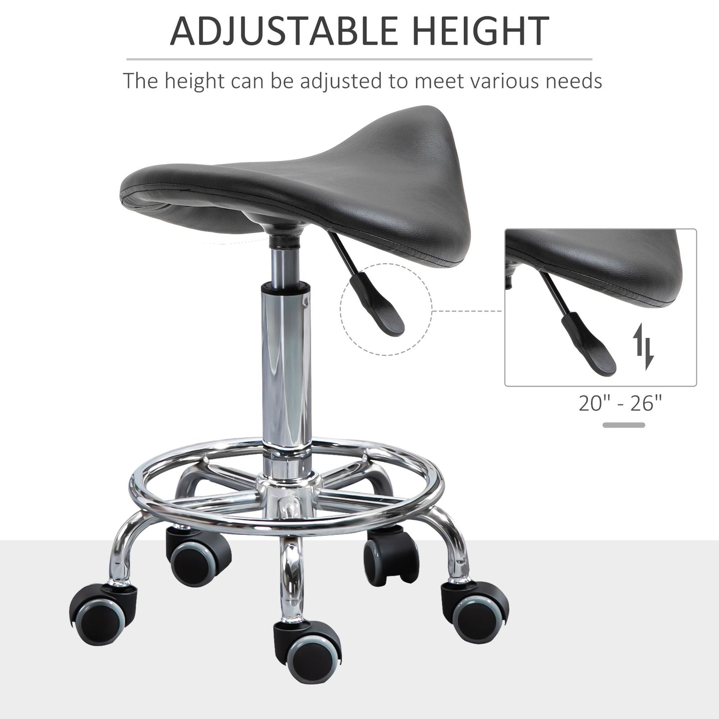 Saddle Stool PU Leather Adjustable Rolling Salon Chair Black for Massage Spa Clinic Beauty Tattoo - Renee Lane Company