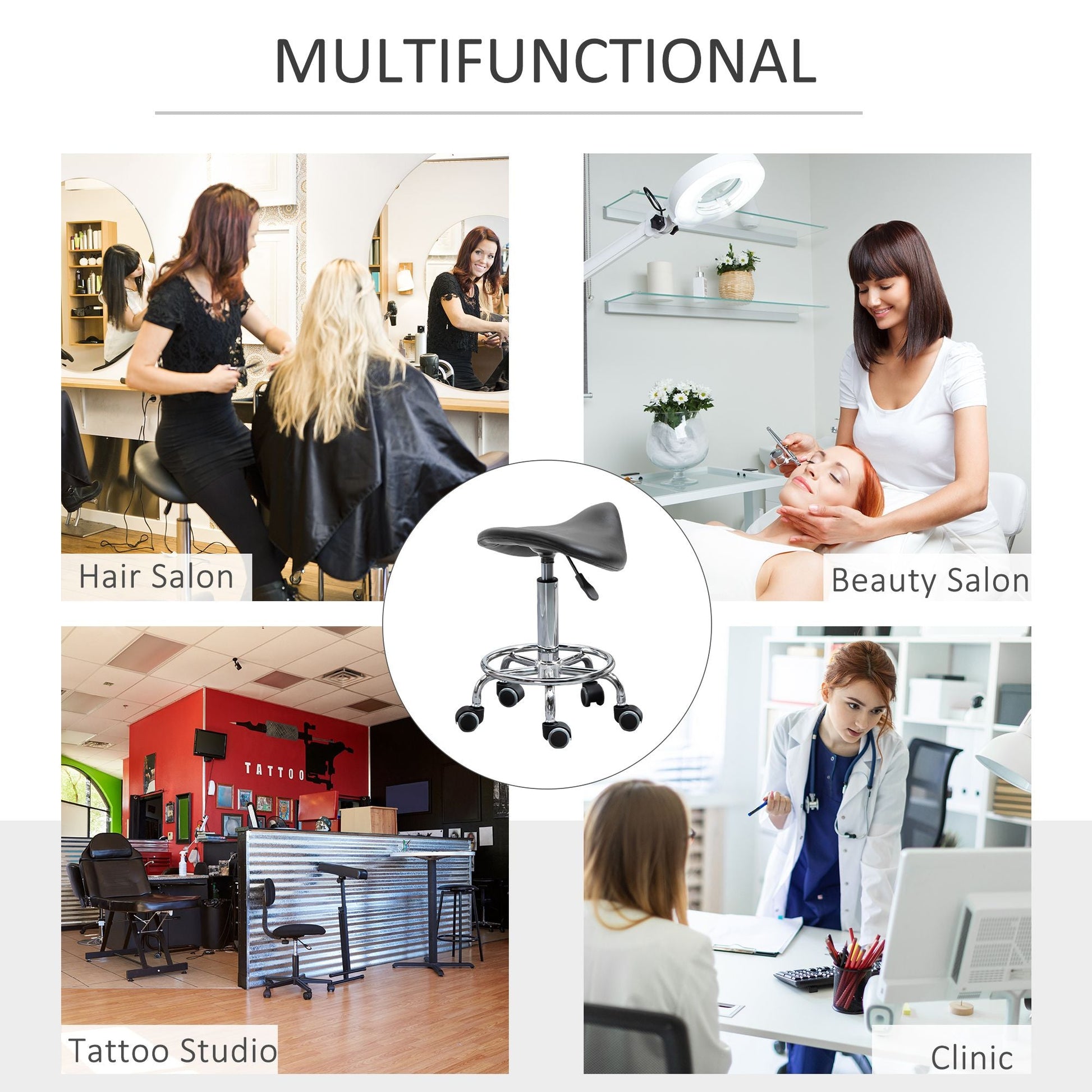 Saddle Stool PU Leather Adjustable Rolling Salon Chair Black for Massage Spa Clinic Beauty Tattoo - Renee Lane Company