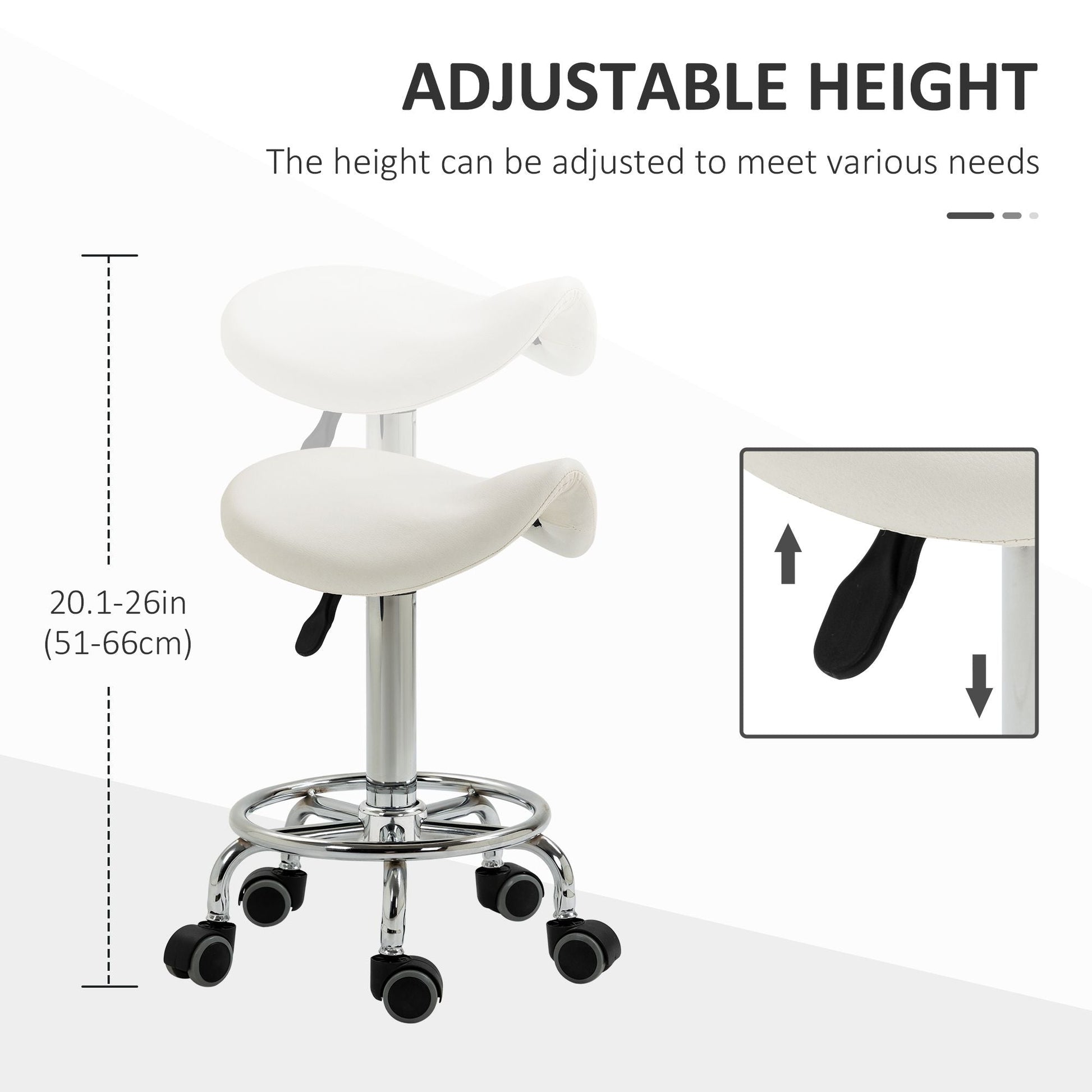 Saddle Stool PU Leather Adjustable Rolling Salon Chair White for Massage Spa Clinic Beauty Tattoo - Renee Lane Company