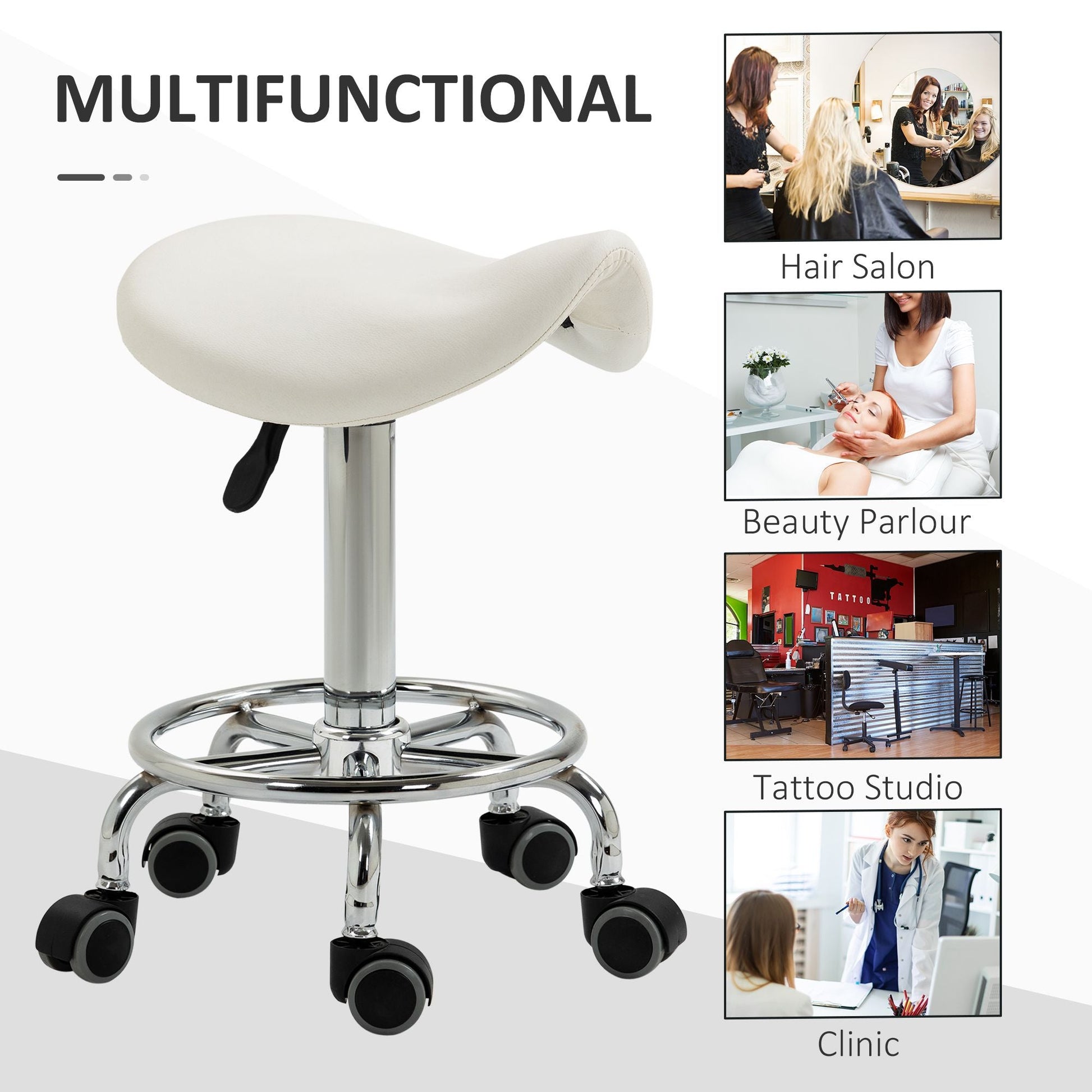 Saddle Stool PU Leather Adjustable Rolling Salon Chair White for Massage Spa Clinic Beauty Tattoo - Renee Lane Company