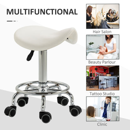 Saddle Stool PU Leather Adjustable Rolling Salon Chair White for Massage Spa Clinic Beauty Tattoo - Renee Lane Company