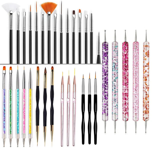 Nail art brush and dotting pen set, assorted bristles and glitter gel tips