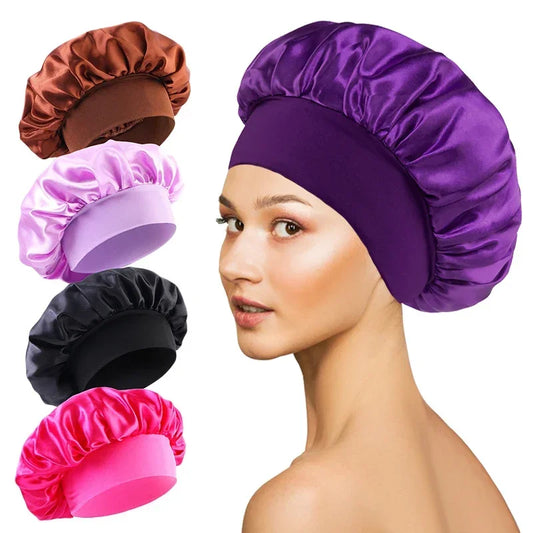 Purple satin bonnet with gathered crown and wide wrap band for hair protection