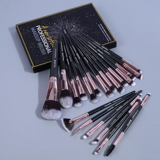 Makeup brush set with box, black handles, rose-gold ferrules, gray bristles, assorted tips