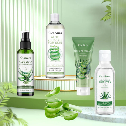 Aloe vera gel bottles and tube set with green aloe leaf graphics