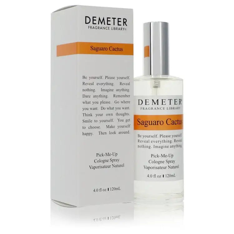 Demeter Saguaro Cactus cologne spray bottle on its box, white with orange band