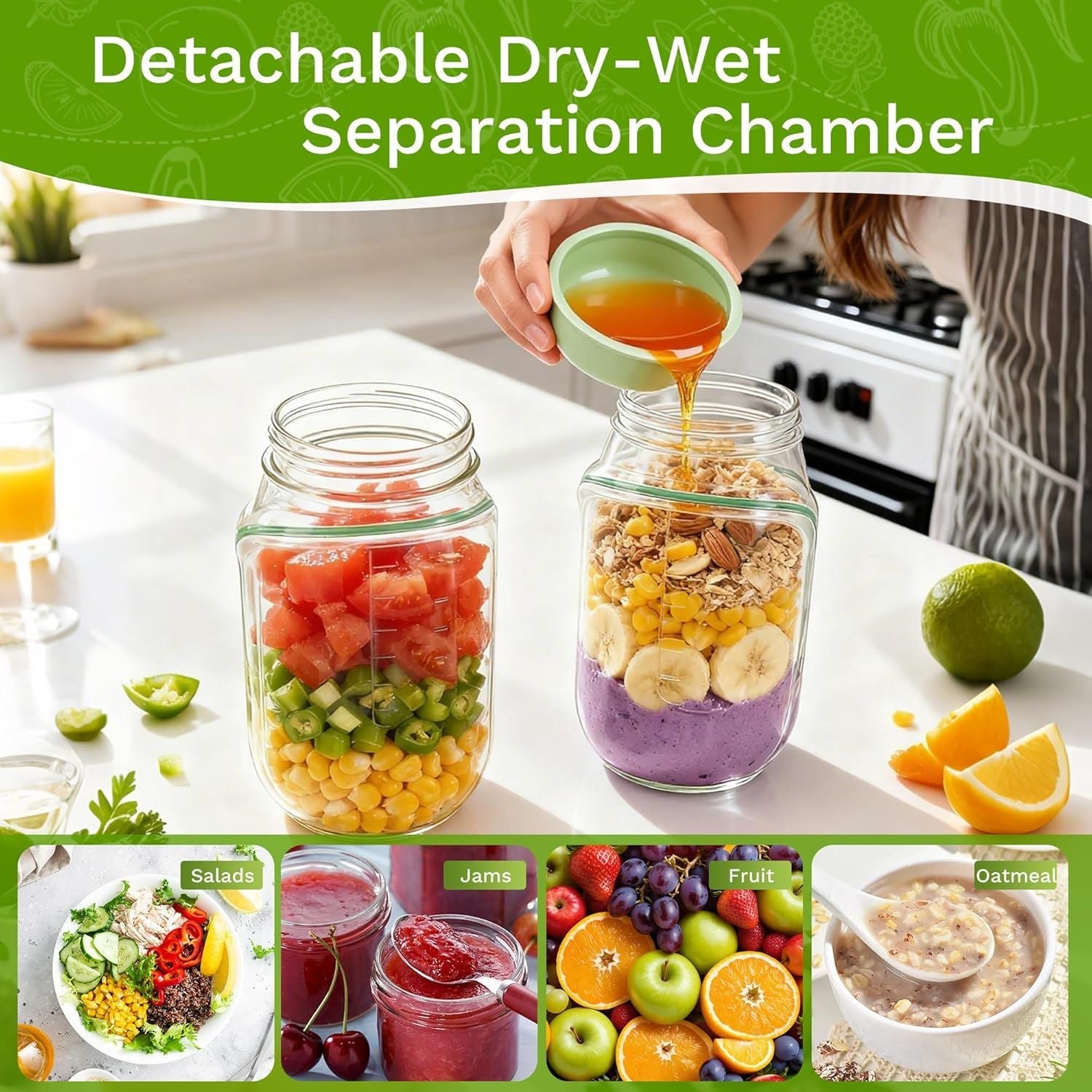 Salad Container with Side Opening, Leak-Resistant Design with Dressing Cup & Lid, Dishwasher & Freezer Safe for Office, Travel & Outdoors (green) - Renee Lane Company