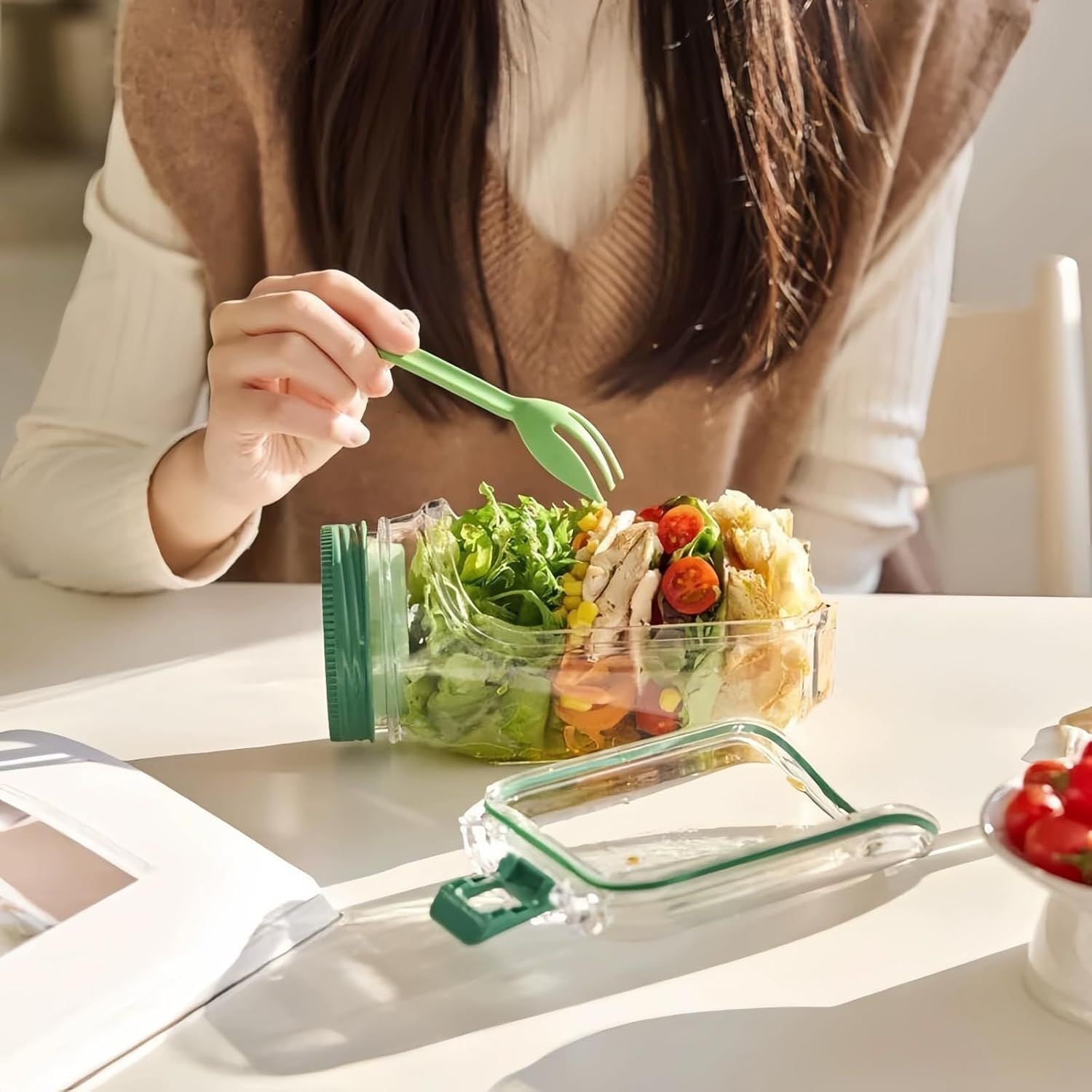Salad Container with Side Opening, Leak-Resistant Design with Dressing Cup & Lid, Dishwasher & Freezer Safe for Office, Travel & Outdoors (green) - Renee Lane Company