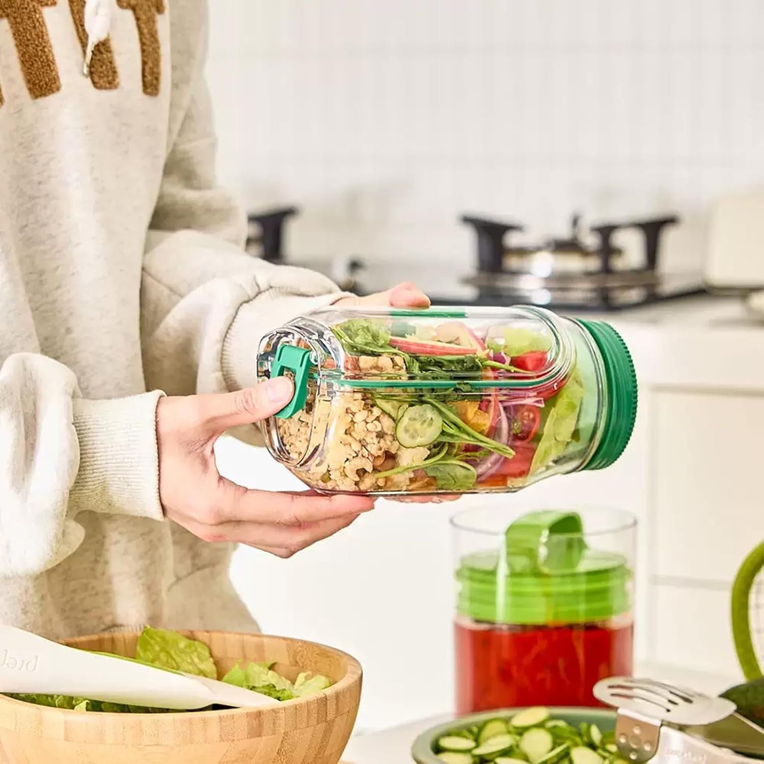 Salad Container with Side Opening, Leak-Resistant Design with Dressing Cup & Lid, Dishwasher & Freezer Safe for Office, Travel & Outdoors (green) - Renee Lane Company