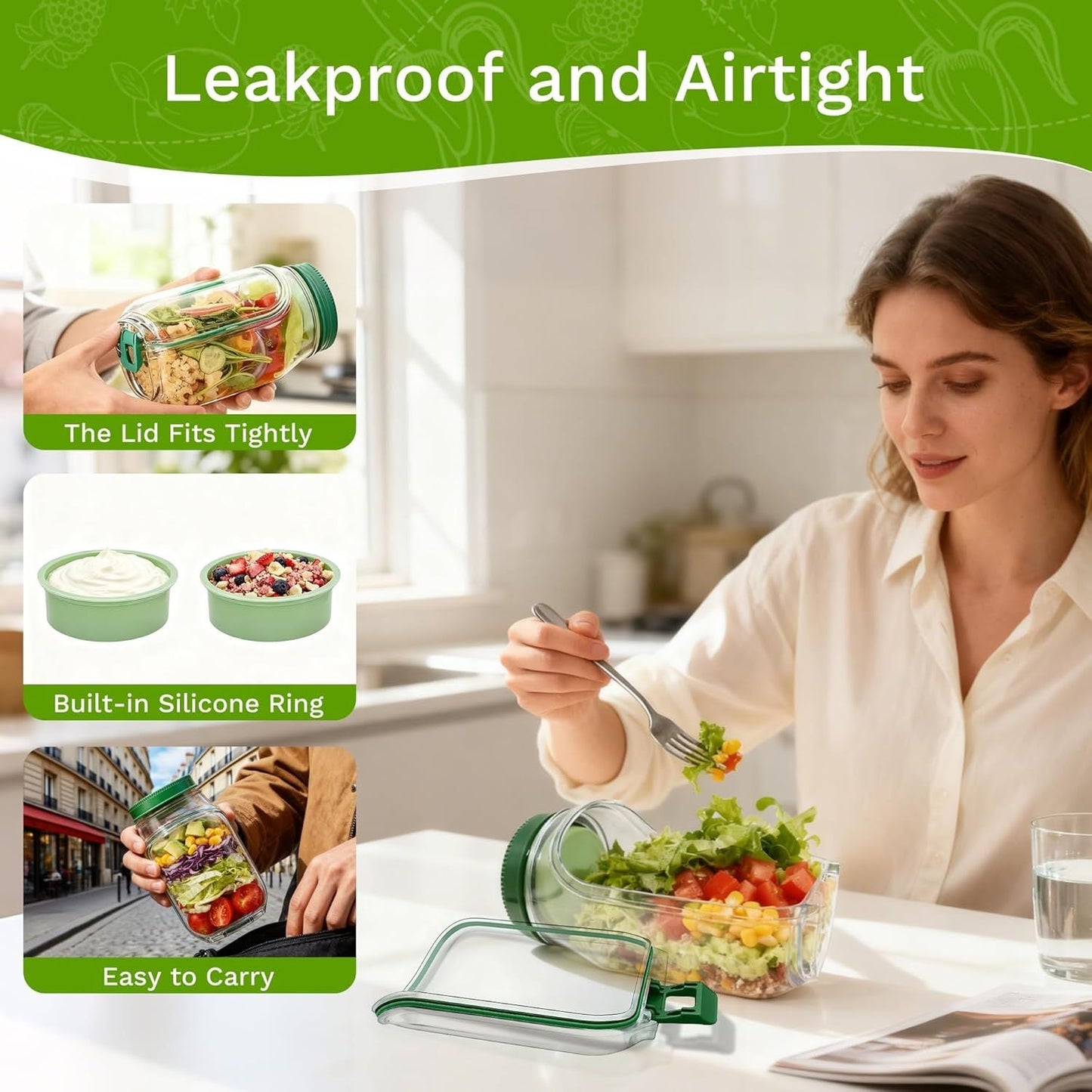 Salad Container with Side Opening, Leak-Resistant Design with Dressing Cup & Lid, Dishwasher & Freezer Safe for Office, Travel & Outdoors (green) - Renee Lane Company