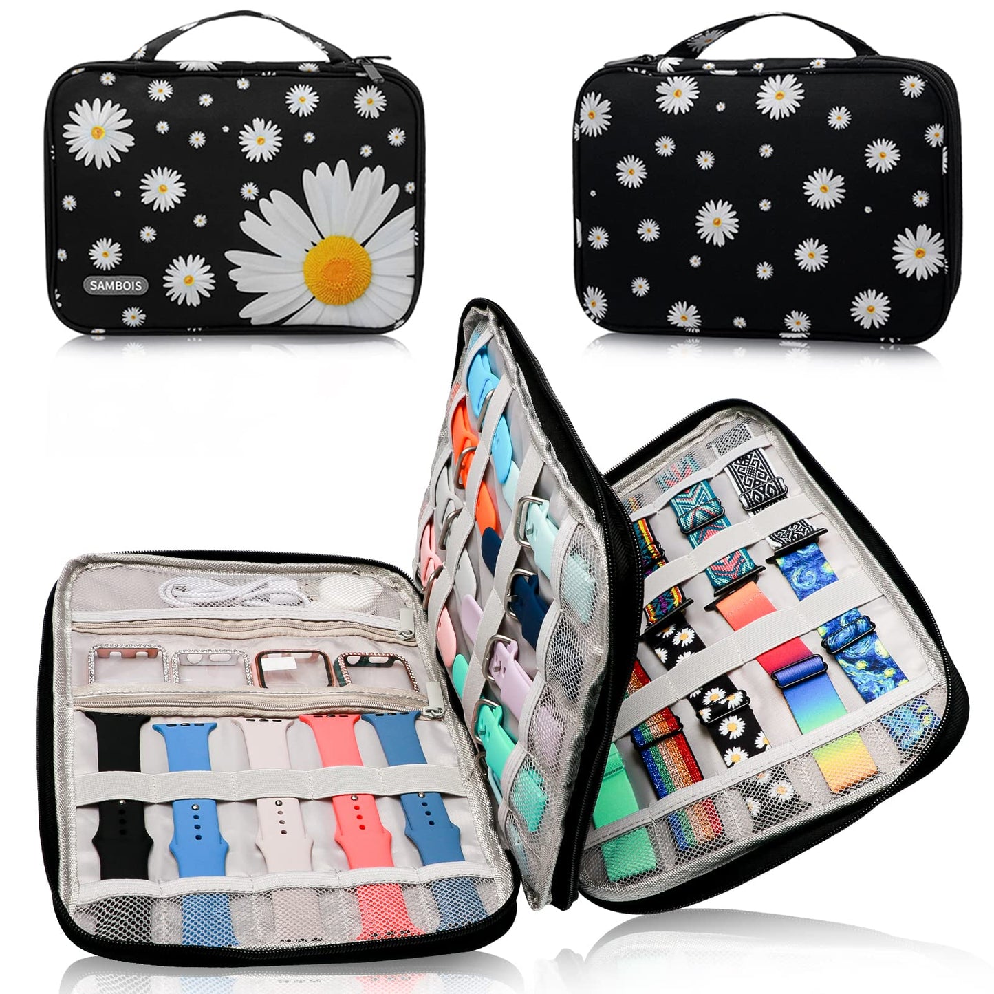 Sambois Watch Band Organizer Case for Apple Watch Band Portable Watch Band Holder Organizer for 35 Watch Straps Travel Watch Band Storage Bag for iWatch Band Pin and Other Accessories (Daisy) - Renee Lane Company