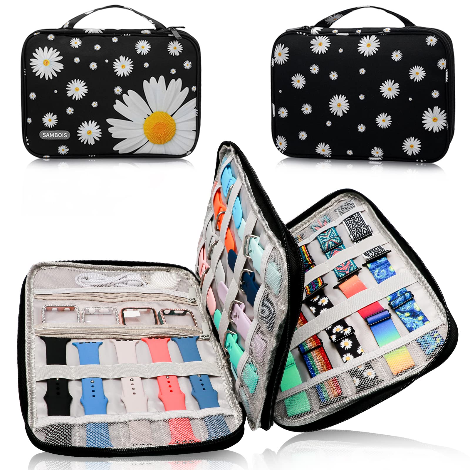 Sambois Watch Band Organizer Case for Apple Watch Band Portable Watch Band Holder Organizer for 35 Watch Straps Travel Watch Band Storage Bag for iWatch Band Pin and Other Accessories (Daisy) - Renee Lane Company