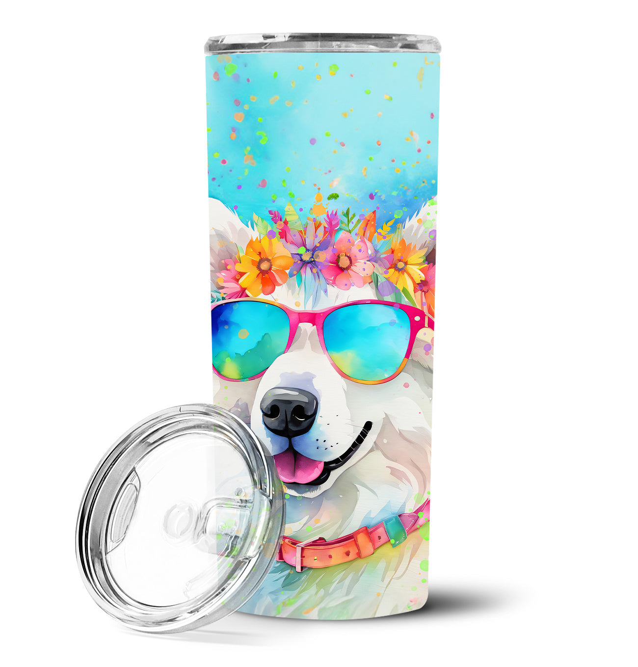 Samoyed Hippie Dawg Stainless Steel Skinny Tumbler Vacuum Double Walled Reusable Insulated Tumbler Travel Cup for Coffee Cocktails Gift with Lid, 20 oz - Renee Lane Company